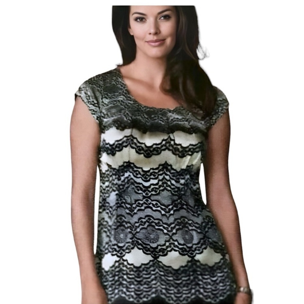 Cabi 100% Silk Lace Print Tunic Blouse Sheer Overlay Chic Lightweight Top